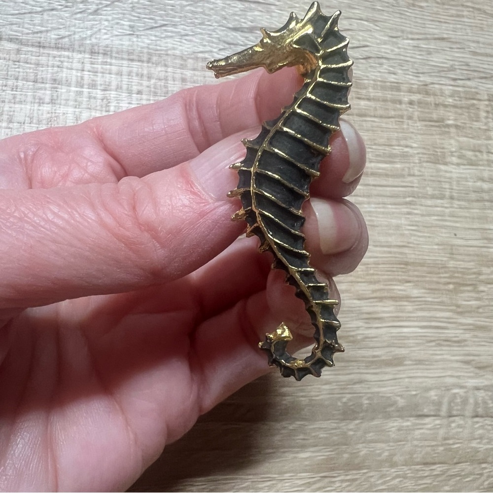 Vintage Gold and Black Seahorse Brooch
